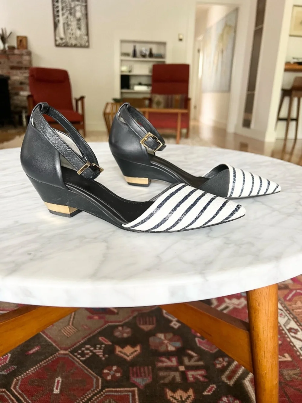 Tory Burch Navy White Striped Pointed Toe Ankle Strap Heels 6.5